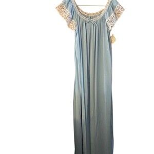 Herlin Nightgown Womens L Light Blue Lace Flutter Sleeves Scoop Neck Bow